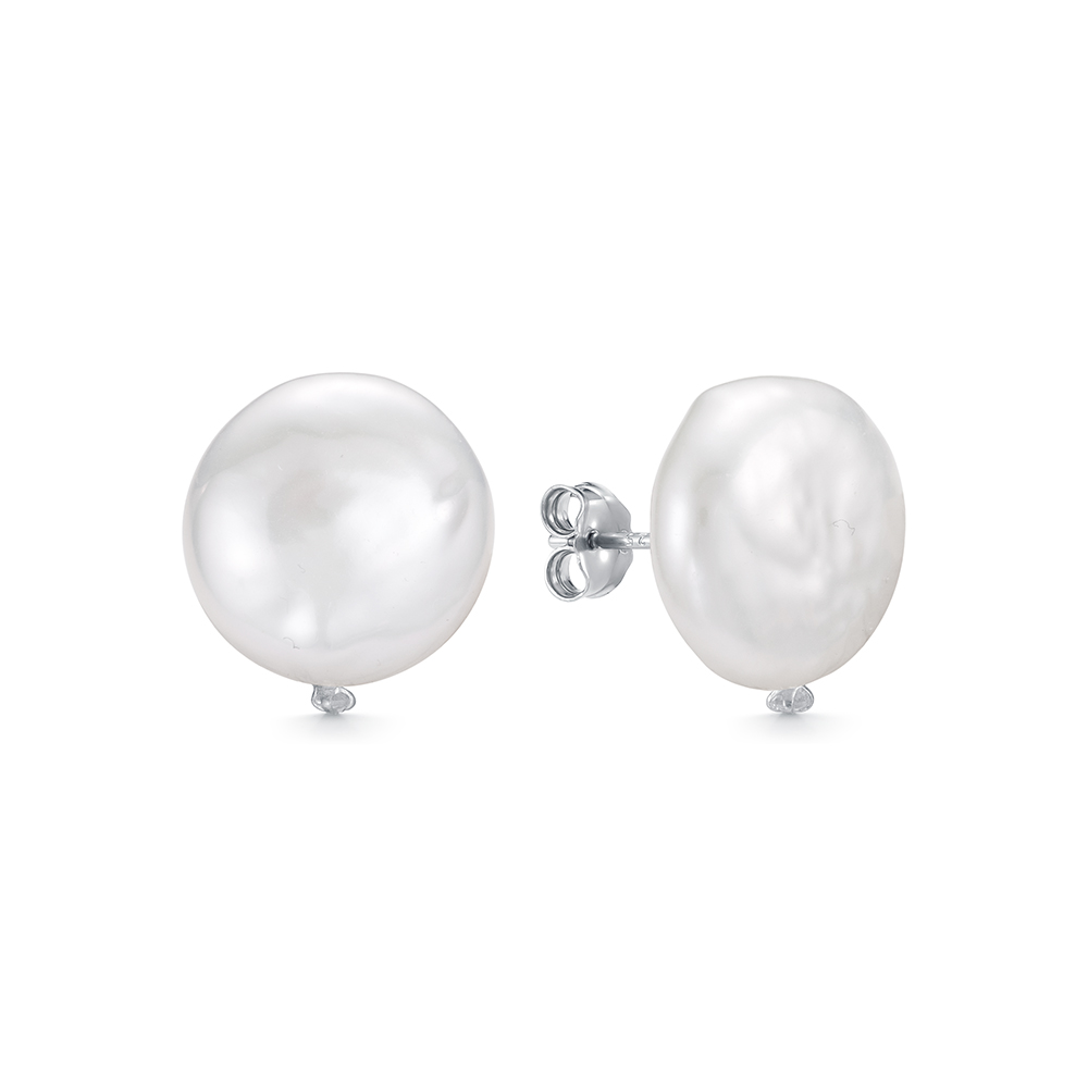 Пусеты из серебра с белыми жемчужинами "барокко" 13,5-14 мм. Артикул 12487