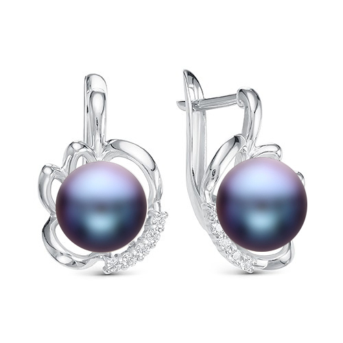 Серьги из серебра с черными жемчужинами 8,5-9 мм. Артикул 11341