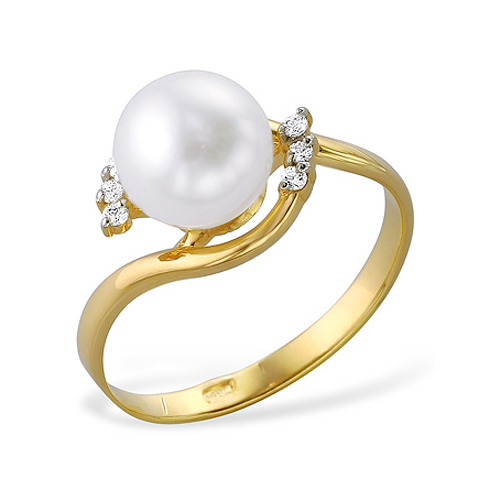 Кольцо из желтого золота 585 пробы с белой жемчужиной 7-7,5 мм. Артикул 9339