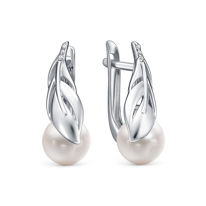 Серьги из серебра с белыми жемчужинами 7,5-8 мм. Артикул 10389
