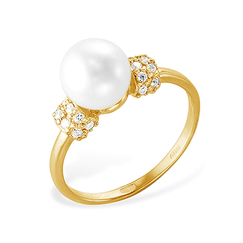 Кольцо из желтого золота 585 пробы с белой жемчужиной 8-8,5 мм. Артикул 12070