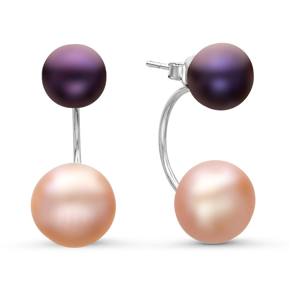 Двойные пусеты "Dior" из серебра с жемчужинами "микс" 7,5-10 мм. Артикул 10787