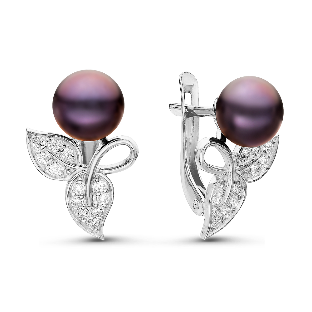 Серьги из серебра с черными жемчужинами 7-7,5 мм. Артикул 10796