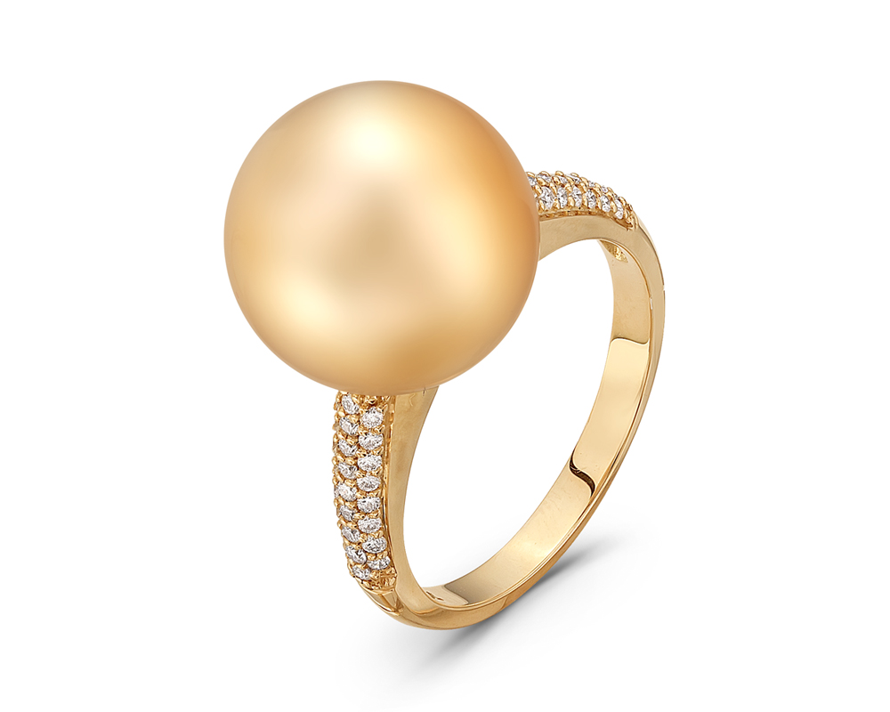 Кольцо из золота 585 пробы с золотистой Австралийской жемчужиной 12-12,5 мм. Артикул 10323