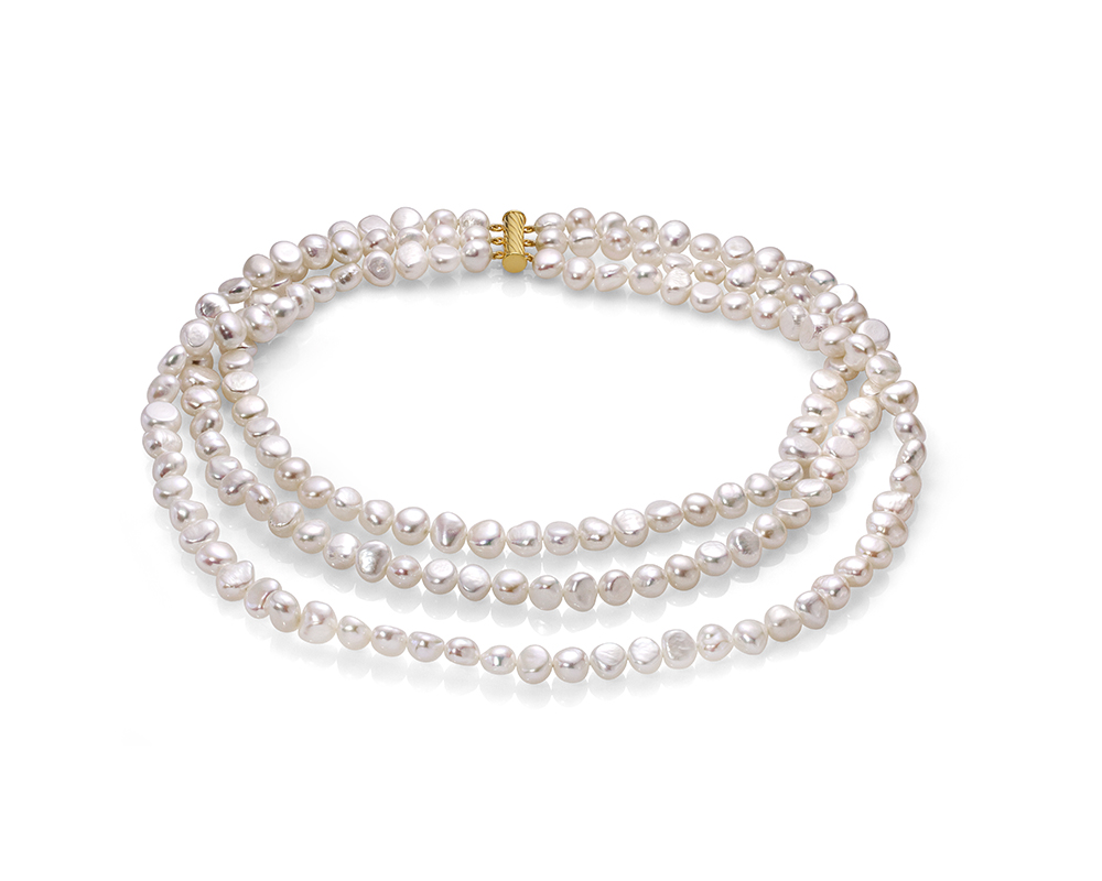 Ожерелье в 3 ряда из белого барочного жемчуга 9-10 мм. Качество жемчуга наивысшее ААА. Артикул 10509