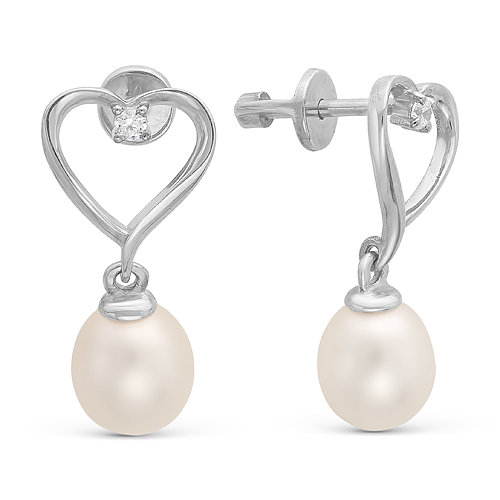 Серьги из серебра с белыми жемчужинами 7,5-8 мм. Артикул 9524