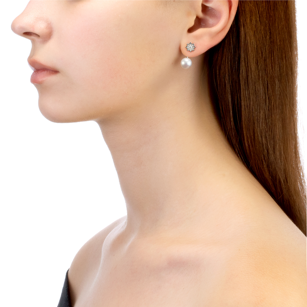 Двойные пусеты "Dior" из серебра с белыми жемчужинами 8,5-9 мм. Артикул 11621