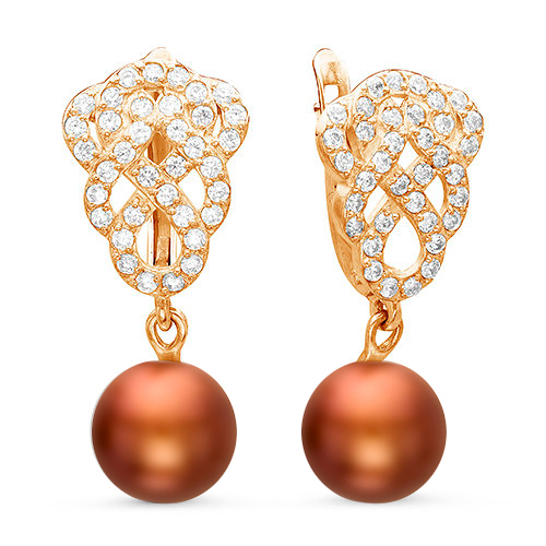 Серьги из серебра с шоколадными жемчужинами 9,5-10 мм. Артикул 12544