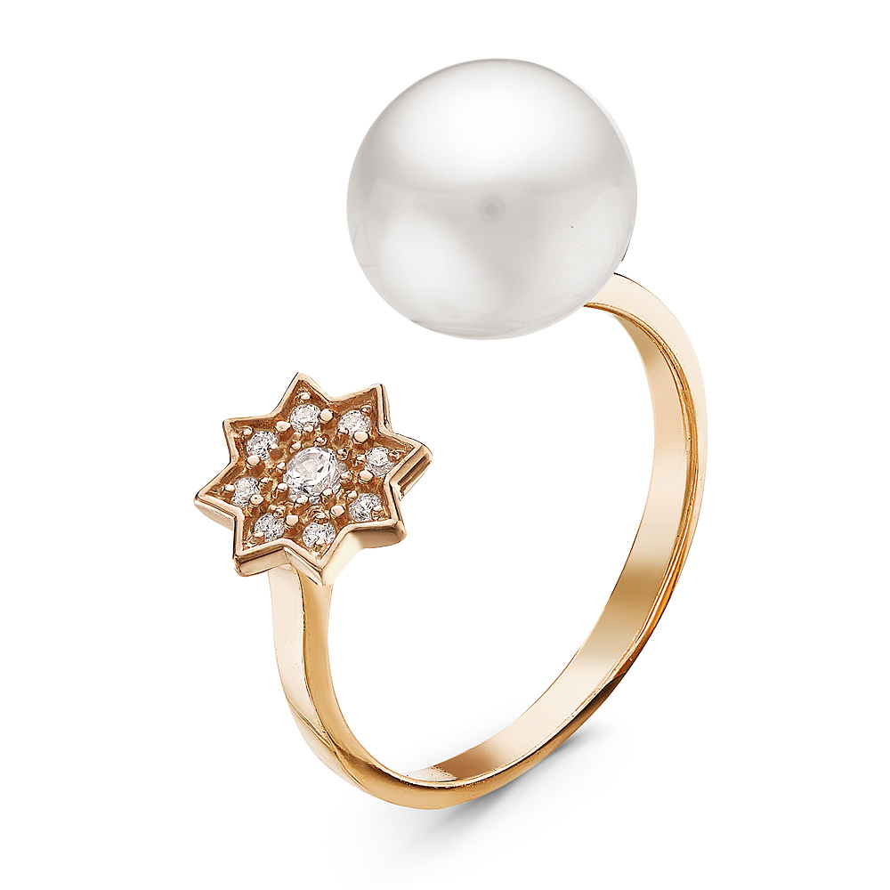 Двойное кольцо "Dior" из серебра 925 пробы с белой жемчужиной 8,5-9 мм. Артикул 10904