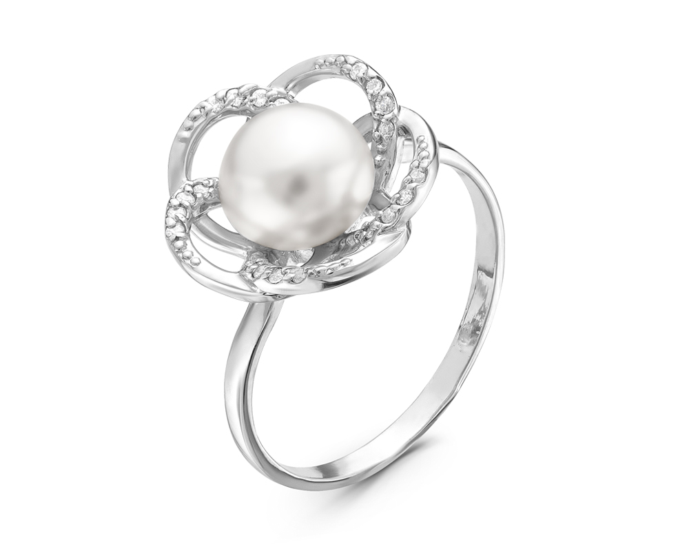 Кольцо из серебра 925 пробы с белой жемчужиной 7,5-8 мм. Артикул 10377