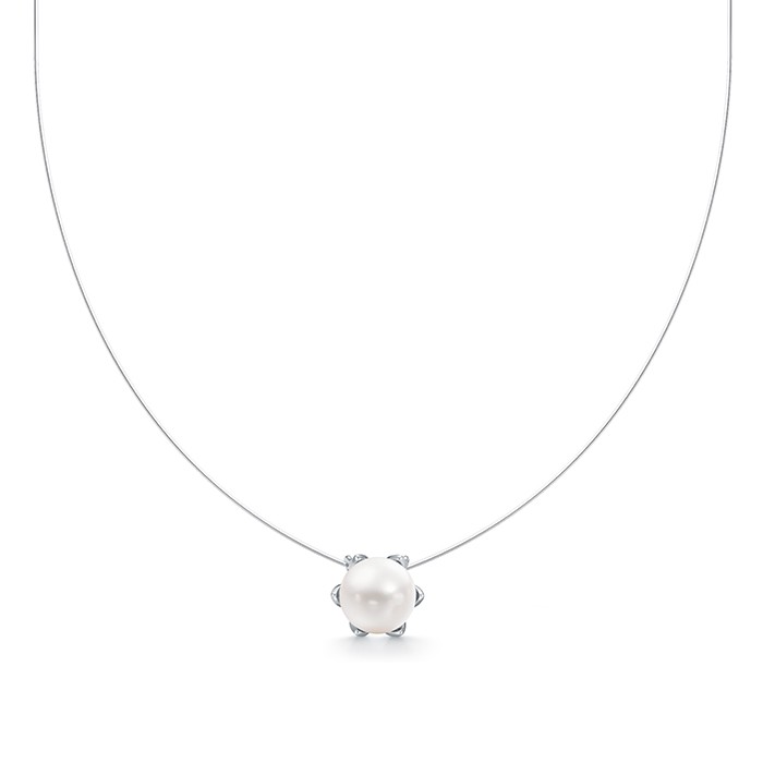 Колье на леске с кулоном из серебра 925 пробы с белой жемчужиной 8,5-9 мм. Артикул 12337