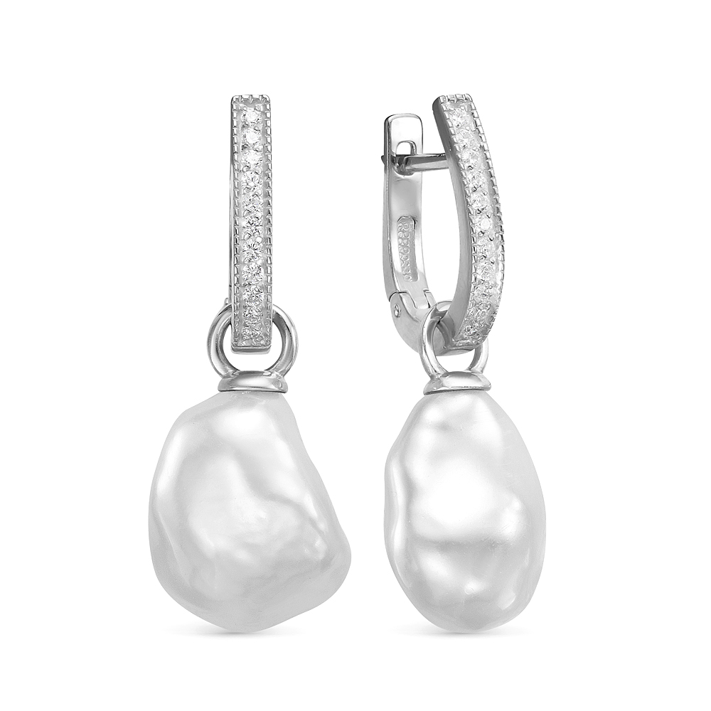 Серьги из серебра с белыми жемчужинами "барокко" 11-13 мм. Артикул 12441 Серьги из серебра с белыми жемчужинами "барокко" 11-13 мм. Артикул 12441