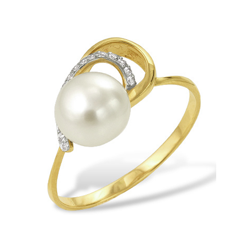 Кольцо из желтого золота 585 пробы с белой жемчужиной 7,5-8 мм. Артикул 12013