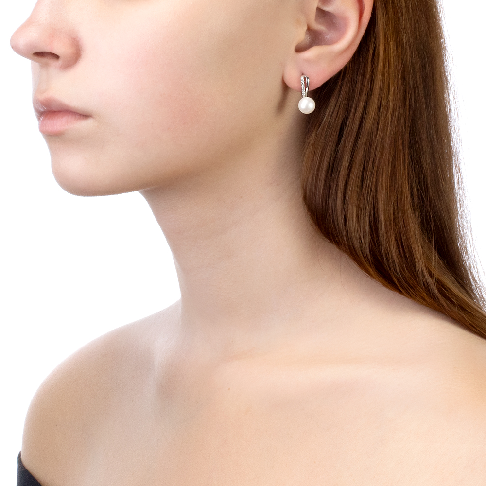 Серьги из серебра с белыми жемчужинами 8-8,5 мм. Артикул 10419