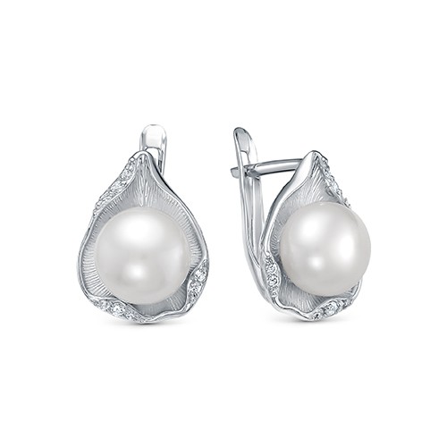 Серьги из серебра с белыми жемчужинами 8,5-9 мм. Артикул 11495