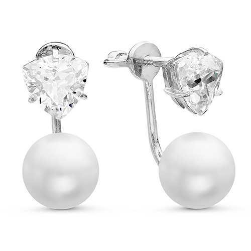 Двойные пусеты "Dior" из серебра с белыми жемчужинами 8,5-9 мм. Артикул 11583 Двойные пусеты "Dior" из серебра с белыми жемчужинами 8,5-9 мм. Артикул 11583