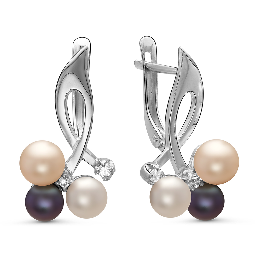 Серьги с белыми, черными и розовыми жемчужинами 4,5-7 мм. Артикул 10986