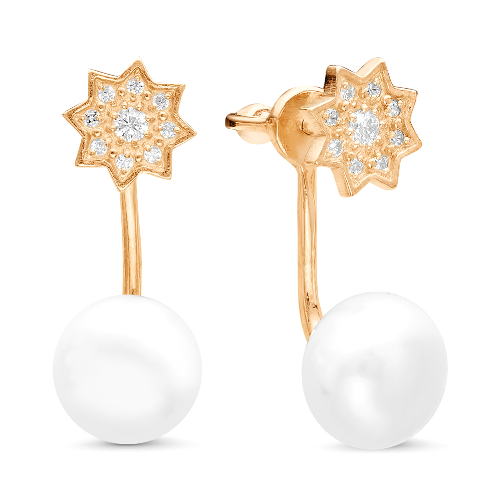 Двойные пусеты "Dior" из серебра с белыми жемчужинами 8,5-9 мм. Артикул 11622 Двойные пусеты "Dior" из серебра с белыми жемчужинами 8,5-9 мм. Артикул 11622