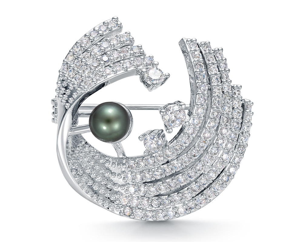 Брошь из сплава с черной речной жемчужиной 5-5,5 мм. Артикул 11963