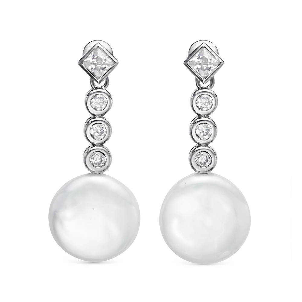 Серьги из серебра с белыми жемчужинами "барокко" 13,5-14 мм. Артикул 12430