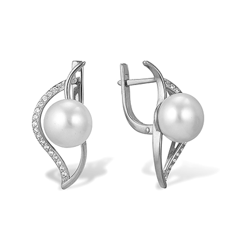 Серьги из белого золота с белыми жемчужинами 7,5-8 мм. Артикул 11989 Серьги из белого золота с белыми жемчужинами 7,5-8 мм. Артикул 11989