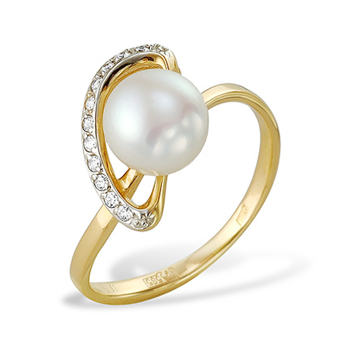 Кольцо из желтого золота 585 пробы с белой жемчужиной 7,5-8 мм. Артикул 9556