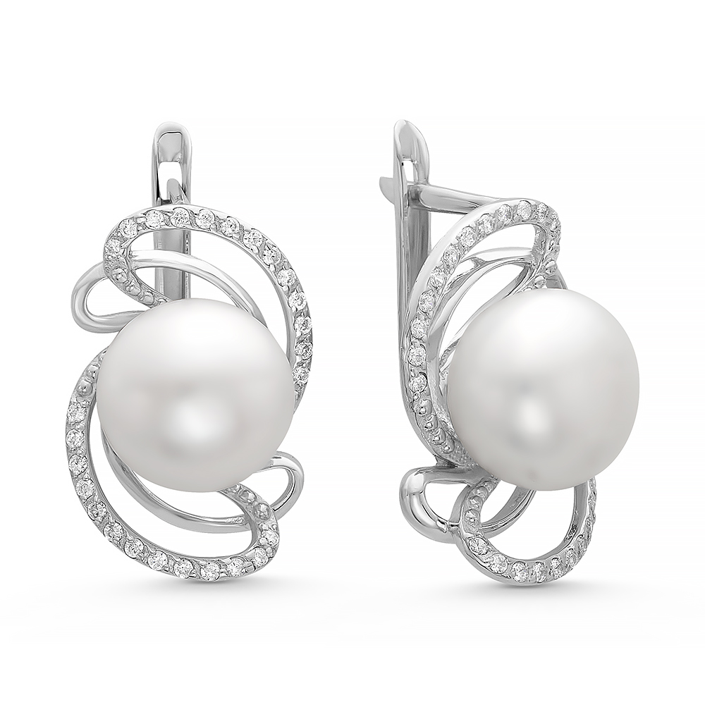 Серьги из серебра с белыми жемчужинами 9,5-10 мм. Артикул 10199