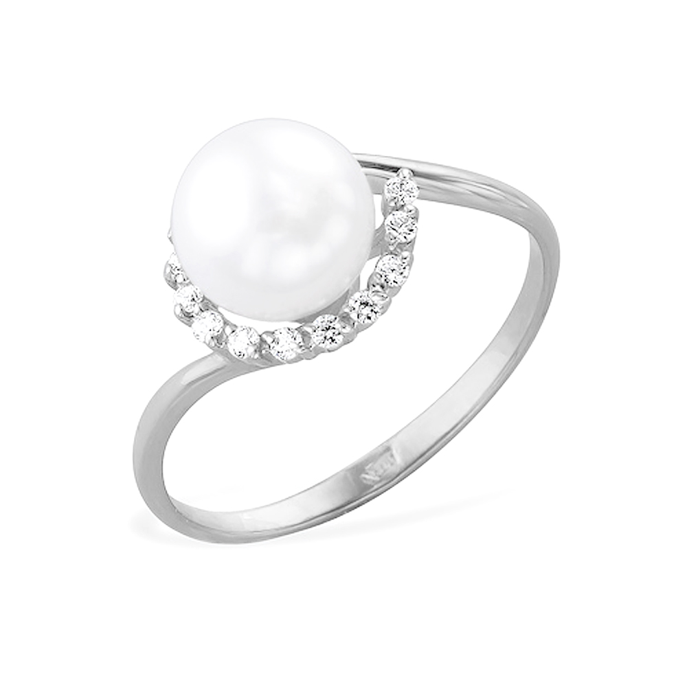 Кольцо из белого золота 585 пробы с белой жемчужиной 8-8,5 мм. Артикул 12071