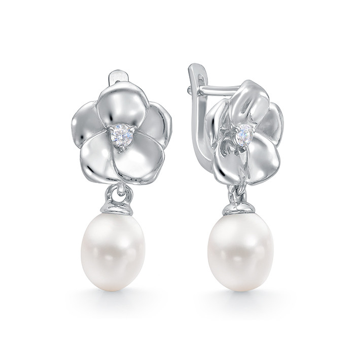 Серьги из серебра с белыми жемчужинами 7,5-8 мм. Артикул 10798 Серьги из серебра с белыми жемчужинами 7,5-8 мм. Артикул 10798