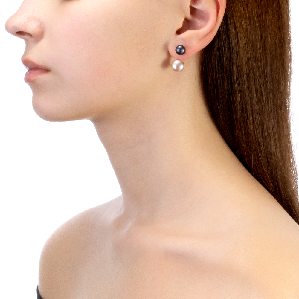 Двойные пусеты "Dior" из серебра с жемчужинами "микс" 7,5-10 мм. Артикул 10787