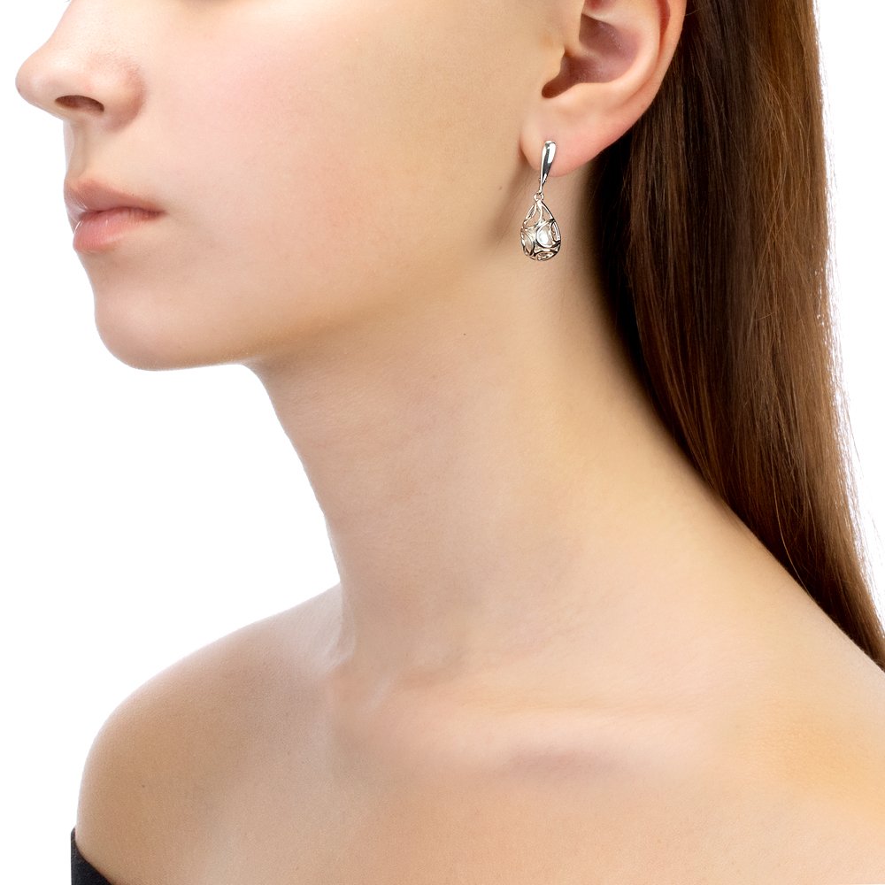 Серьги из серебра с белыми жемчужинами 8-8,5 мм. Артикул 12407