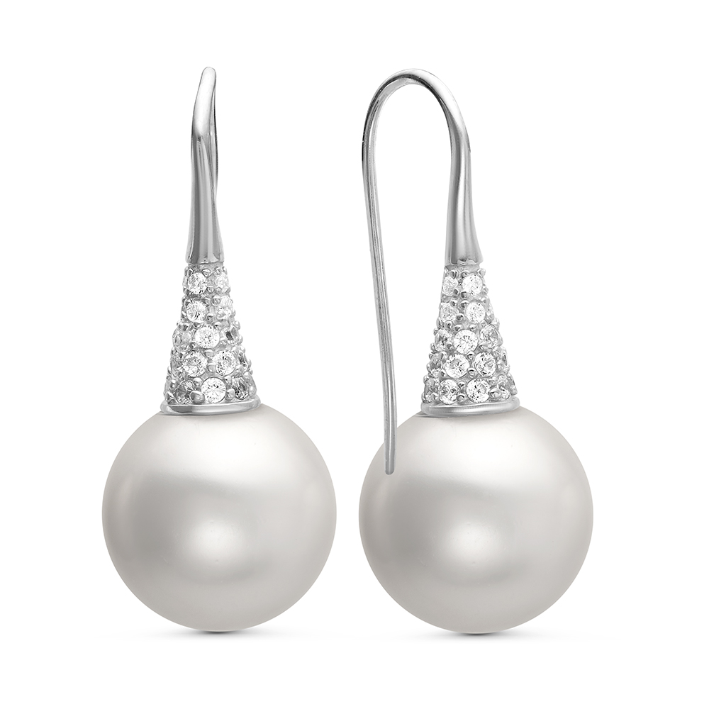 Серьги из серебра с белыми жемчужинами "Майорика" 14 мм. Артикул 11282