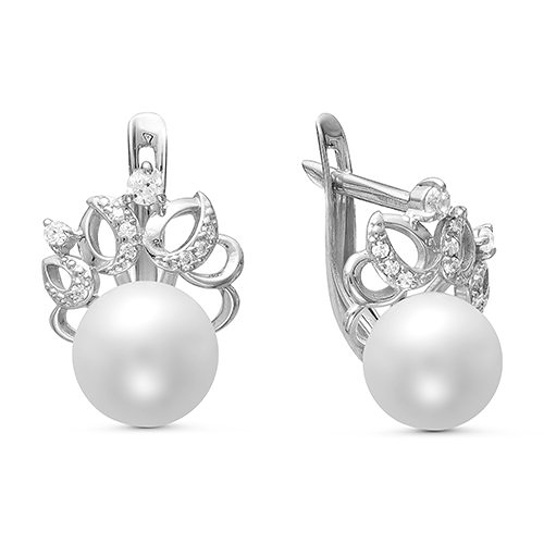 Серьги из серебра с белыми жемчужинами 8,5-9 мм. Артикул 11975