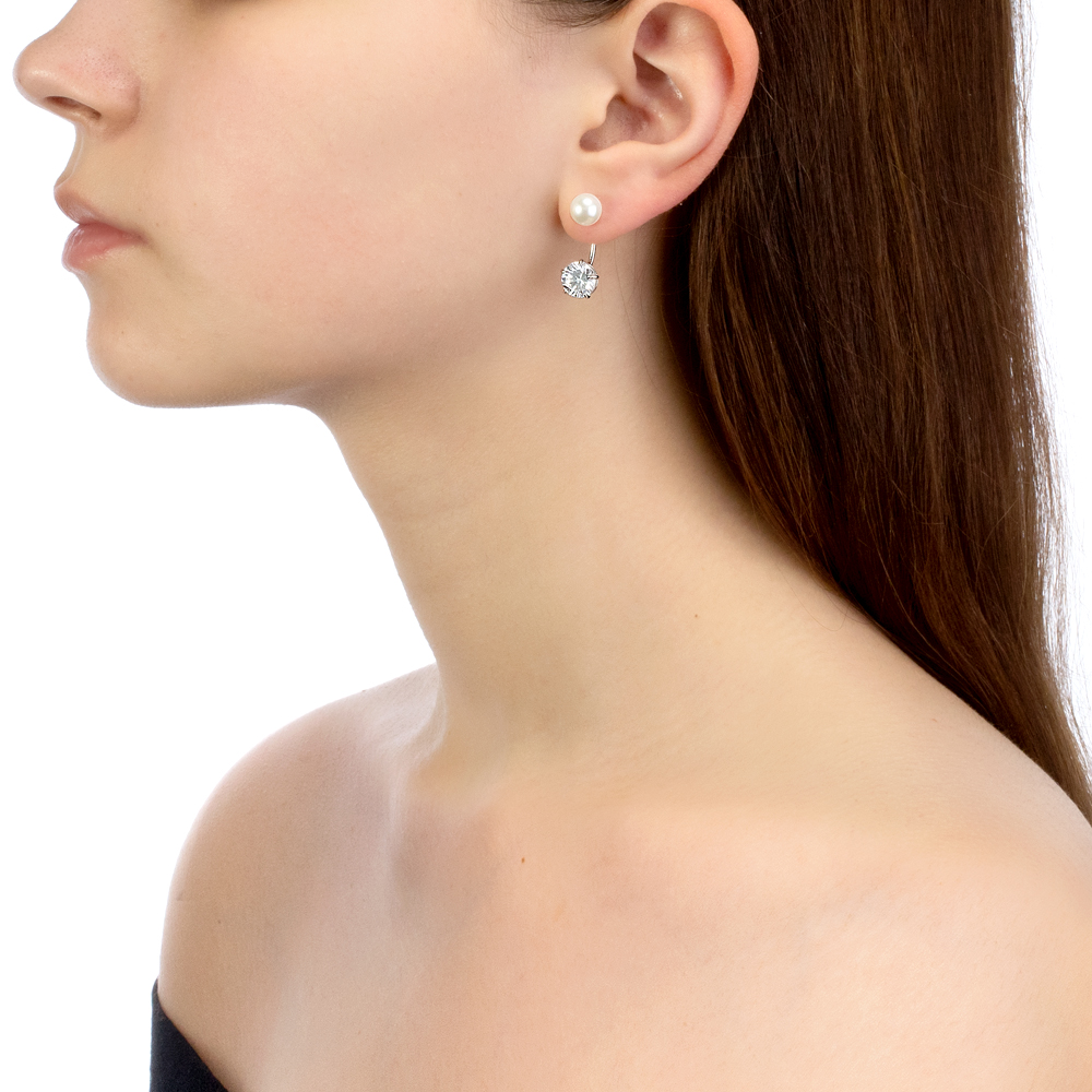 Двойные пусеты "Dior" из серебра с белыми жемчужинами 9,5-10 мм. Артикул 10383 Двойные пусеты "Dior" из серебра с белыми жемчужинами 9,5-10 мм. Артикул 10383