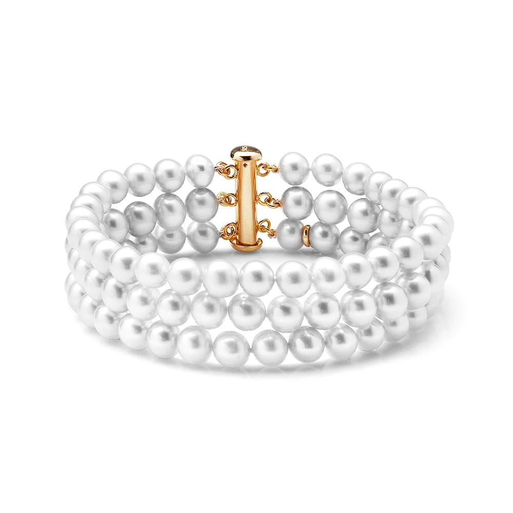 Браслет в 3 ряда из белого круглого речного жемчуга 7-7,5 мм. Качество жемчуга высокое АА+. Артикул 10474