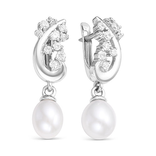 Серьги из белого золота с белыми жемчужинами 9-10 мм. Артикул 12106