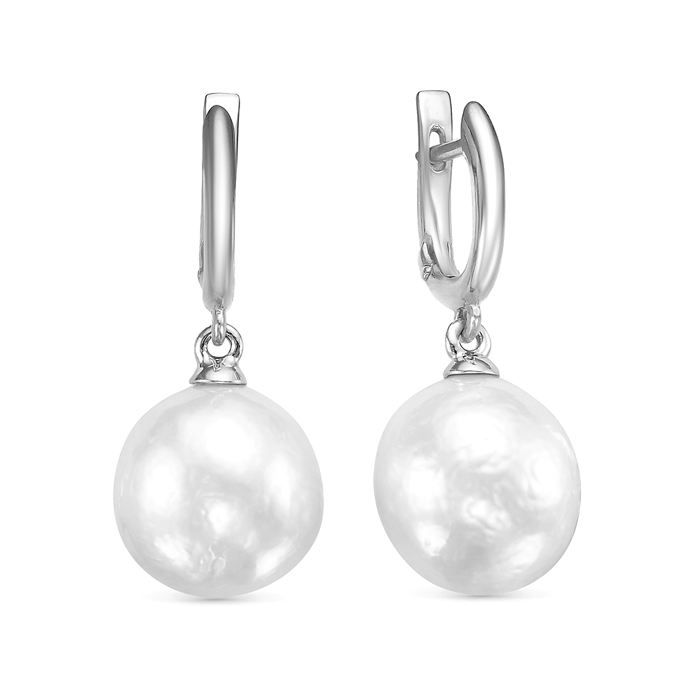 Серьги из серебра с японскими белыми жемчужинами 12,5-13 мм. Артикул 12434 Серьги из серебра с японскими белыми жемчужинами 12,5-13 мм. Артикул 12434