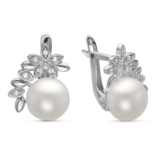 Серьги из серебра с белыми жемчужинами 8-8,5 мм. Артикул 10425
