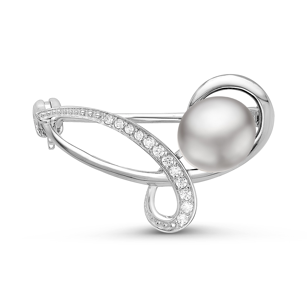 Брошь из серебра с серой речной жемчужиной 9-9,5 мм. Артикул 11064