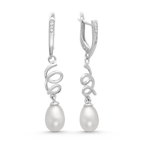 Длинные серьги из серебра с белыми жемчужинами 7,5-8 мм. Артикул 11545 Длинные серьги из серебра с белыми жемчужинами 7,5-8 мм. Артикул 11545