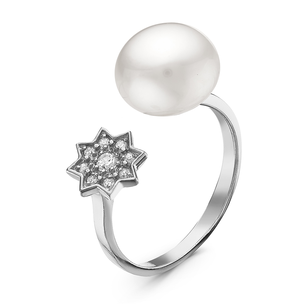 Двойное кольцо "Dior" из серебра 925 пробы с белой жемчужиной 8,5-9 мм. Артикул 10905