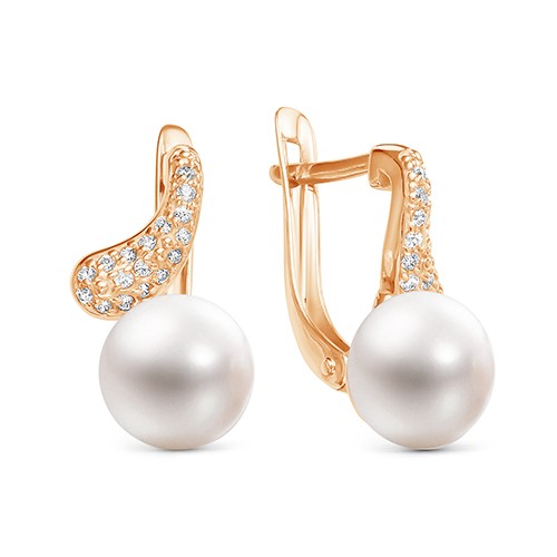 Серьги из красного золота с белыми жемчужинами 8,5-9 мм. Артикул 9132