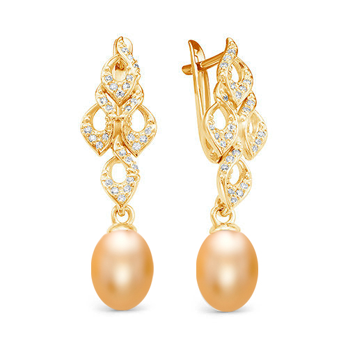 Серьги из серебра с золотистыми жемчужинами "капля" 8-8,5 мм. Артикул 12547