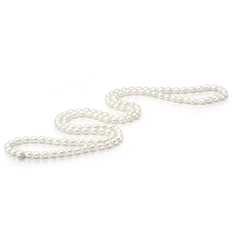 Бусы из белого речного рисообразного жемчуга 7-7,5 мм. Качество жемчуга наивысшее ААА. Артикул 9685