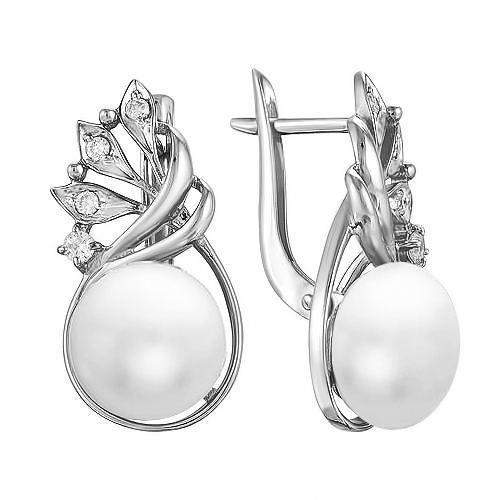 Серьги из серебра с белыми жемчужинами 9,5-10 мм. Артикул 11554