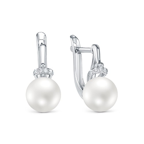 Серьги из белого золота с белыми жемчужинами 8,5-9 мм. Артикул 10096