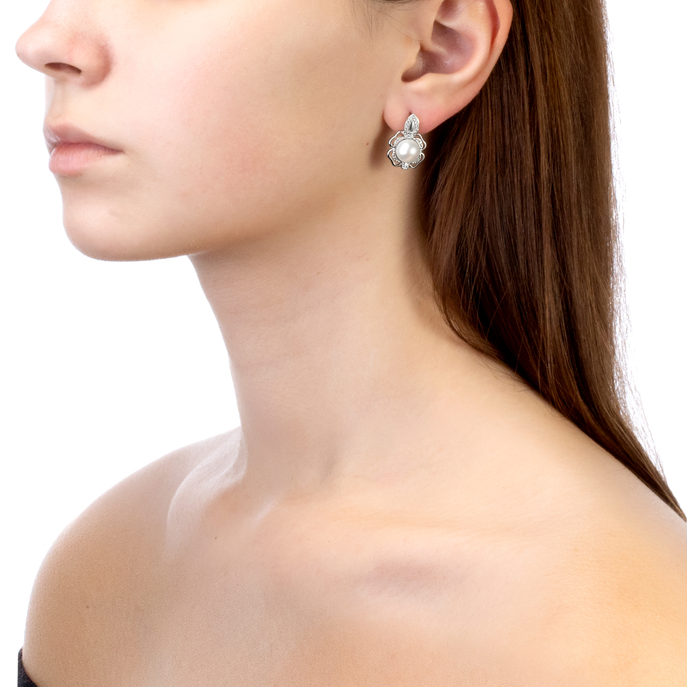 Серьги из серебра с белыми жемчужинами 8-8,5 мм. Артикул 12394