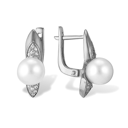 Серьги из белого золота с белыми жемчужинами 7,5-8 мм. Артикул 11983 Серьги из белого золота с белыми жемчужинами 7,5-8 мм. Артикул 11983