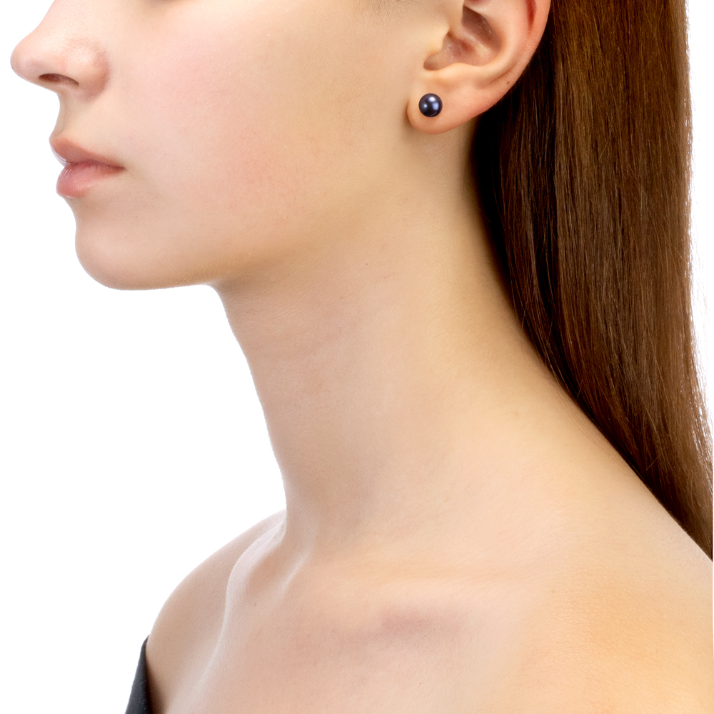 Пусеты из серебра с черными жемчужинами 7-7,5 мм. Артикул 11769