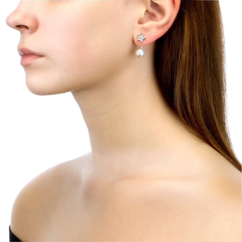 Двойные пусеты "Dior" из серебра с белыми жемчужинами 8,5-9 мм. Артикул 11620